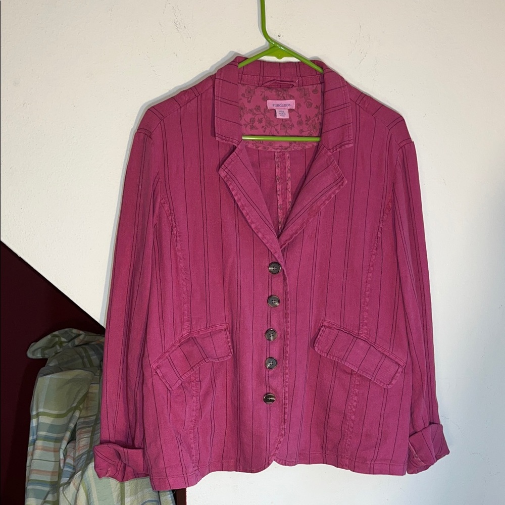 Sundance Fuchsia‎ with Black Pinstripes Linen Blend Blazer with Button Accents